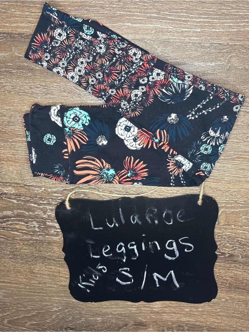 LuLaRoe Kids Black Floral Leggings with Coral & Teal Accents